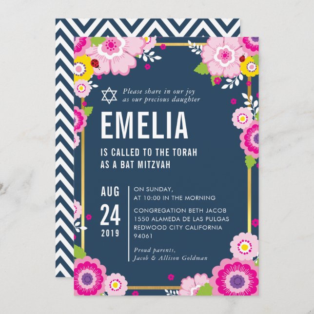 Convites BAT MITZVAH cor-de-rosa marinho brilhante floral o (Frente/Verso)