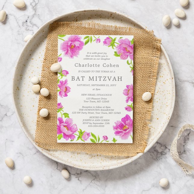 Convites Bat Mitzvah das Peônias Rosa (Criador carregado)
