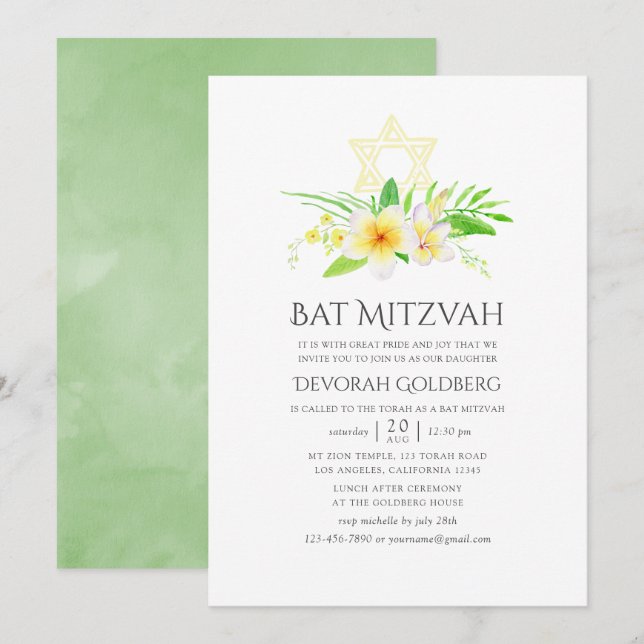 Convites Bat Mitzvah de aguarela Frangipani Tropical (Frente/Verso)