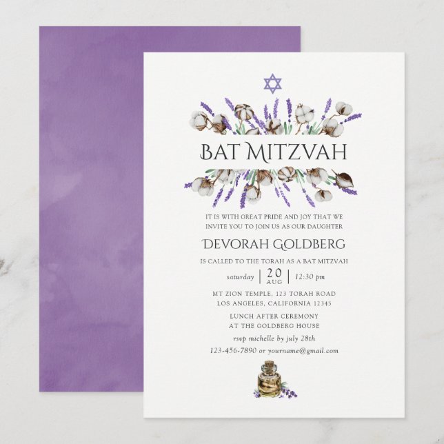 Convites Bat Mitzvah de Algodão Lavanda em Aquarela (Frente/Verso)