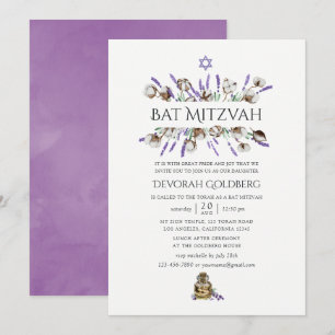 Convites Bat Mitzvah de Algodão Lavanda em Aquarela