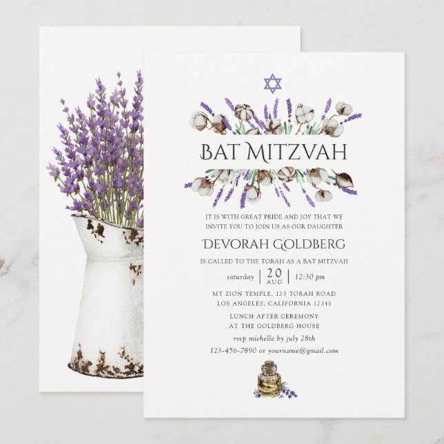 Convites Bat Mitzvah de Algodão Lavanda em Aquarela (Frente/Verso)