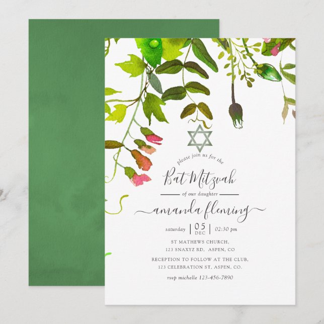 Convites Bat Mitzvah de greenery de primavera em aquarela (Frente/Verso)