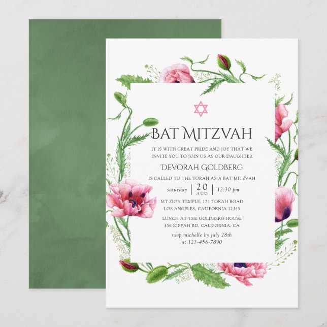 Convites Bat Mitzvah de Papoulas Rosa em Aquarela (Frente/Verso)