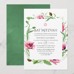 Convites Bat Mitzvah de Papoulas Rosa em Aquarela