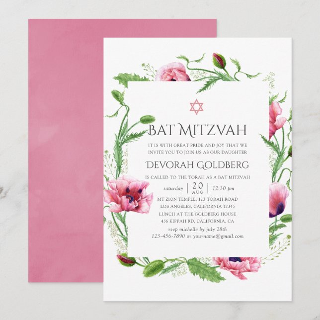 Convites Bat Mitzvah de Papoulas Rosa em Aquarela (Frente/Verso)