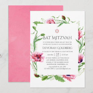 Convites Bat Mitzvah de Papoulas Rosa em Aquarela