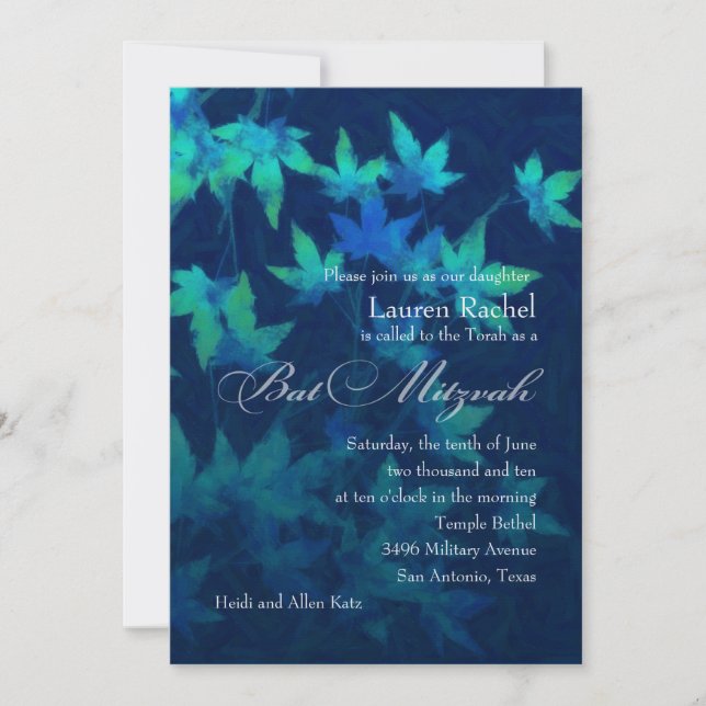 Convites Bat Mitzvah deixa Marinho azul verde (Frente)