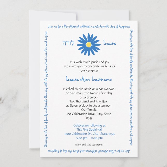 Convites Bat Mitzvah Delighty Daisy Message Text Azul (Frente)