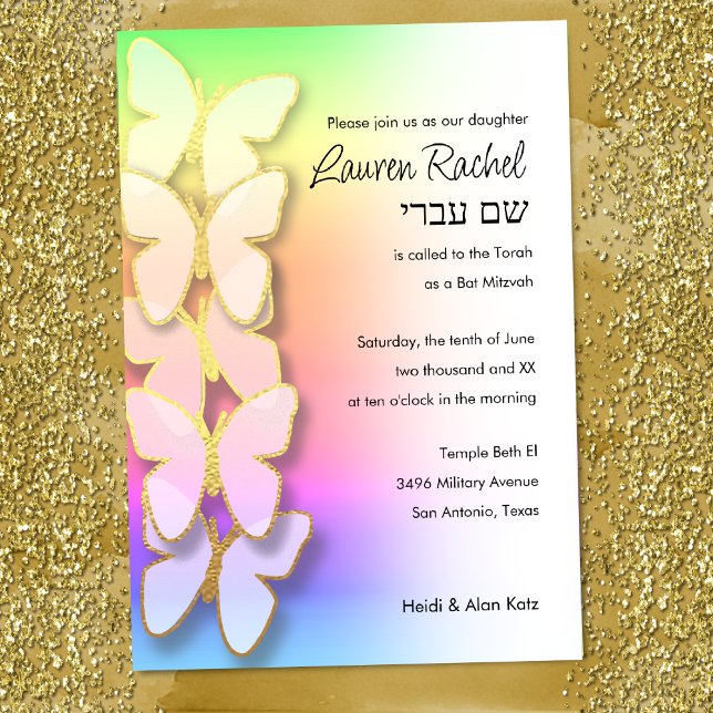 Convites Bat Mitzvah Dimensionável Borboleta Arco-Íris Grad (Criador carregado)