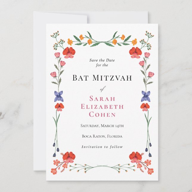 Convites Bat Mitzvah do Jardim Botânico de Flores Silvestre (Frente)