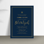 Convites Bat Mitzvah do Script de Frame Duplo Azul e Dourad<br><div class="desc">Comemore o Bar Mitzvah com este convite moderno e elegante,  com seu texto personalizado. Adicione facilmente seus próprios detalhes clicando na opção "personalizar".</div>