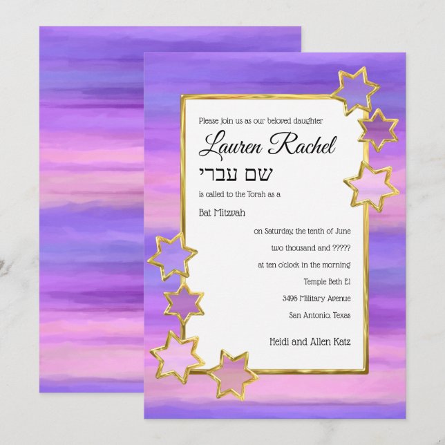 Convites Bat Mitzvah, Dourada Estrela, Raspada, Tiras Rosa (Frente/Verso)