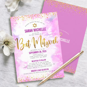 Convites Bat Mitzvah Dourada Glitter Rosa Watercolor 2 Venu