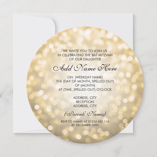 Convites Bat Mitzvah Dourada Luzes Leves (Frente)