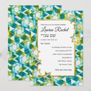 Convites Bat Mitzvah Dourada Star Green Blue Watercolor Dam
