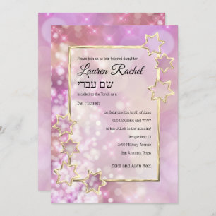 Convites Bat Mitzvah Dourada Star Pink Bokeights