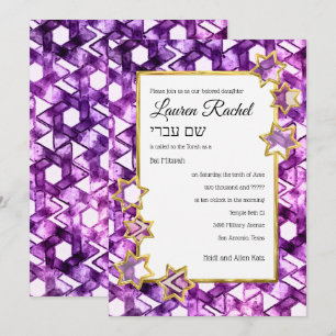 Convites Bat Mitzvah Dourada Star Purple Watercolor Damask