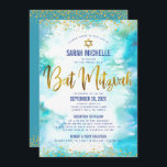 Convites Bat Mitzvah Dourada Turquoise Watercolor 2 Venue C<br><div class="desc">Tenha orgulho, alegria e mostre este marco do seu Bat Mitzvah favorito! Envie este convite personalizado, moderno e espantoso para um evento que se lembre. Escrita de folha de ouro, pontos brilhantes. Estrela de David e script de tipografia sobrepõem um fundo azul de turquesa com aquarela. Personalize o texto personalizado...</div>