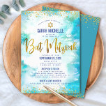Convites Bat Mitzvah Dourada Turquoise Watercolor 2 Venue C<br><div class="desc">Tenha orgulho, alegria e mostre este marco do seu Bat Mitzvah favorito! Envie este convite personalizado, moderno e espantoso para um evento que se lembre. Escrita de folha de ouro, pontos brilhantes. Estrela de David e script de tipografia sobrepõem um fundo azul de turquesa com aquarela. Personalize o texto personalizado...</div>