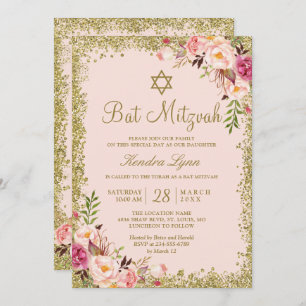 Convites Bat Mitzvah Douradas Brilhas Cor-de-rosa