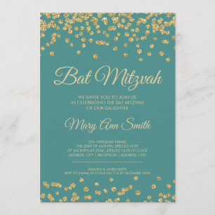 Convites Bat Mitzvah Dourado Brilho Falso Confete Azul Turq