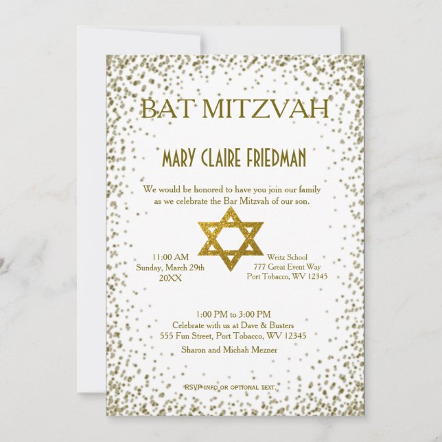 Convites Bat Mitzvah | Dourado Confetti (Frente)