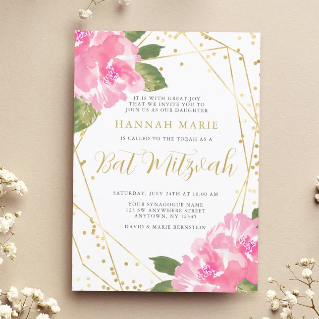 Convites Bat Mitzvah, Dourado Floral Cor-de-Água Rosa (Criador carregado)