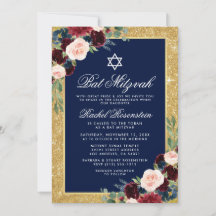 Bat Mitzvah Dourado Glitter Floral Burgundy Azul