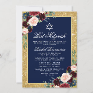 Convites Bat Mitzvah Dourado Glitter Floral Burgundy Azul