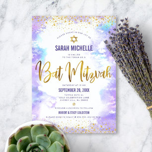 Convites Bat Mitzvah dourado moderno roxo aquarela
