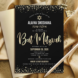 Convites Bat Mitzvah Dourado Preto Folha Brilho Script Mode