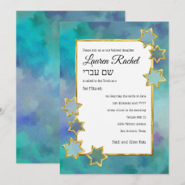 Convites Bat Mitzvah Dourado Star Abstract Azul