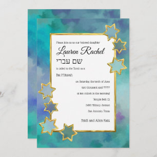 Convites Bat Mitzvah Dourado Star Abstract Azul