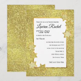 Convites Bat Mitzvah Dourado Star Frame sobre o Glitter Dou