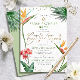 Convites Bat Mitzvah Dourado Tropical Floral Watercolor
