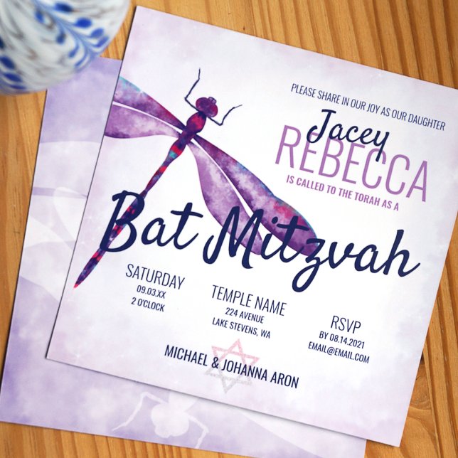 Convites Bat Mitzvah, Dragão Branco, Lavanda (Popular purple cute bat mitzvah invitation purple and navy blue theme colors)