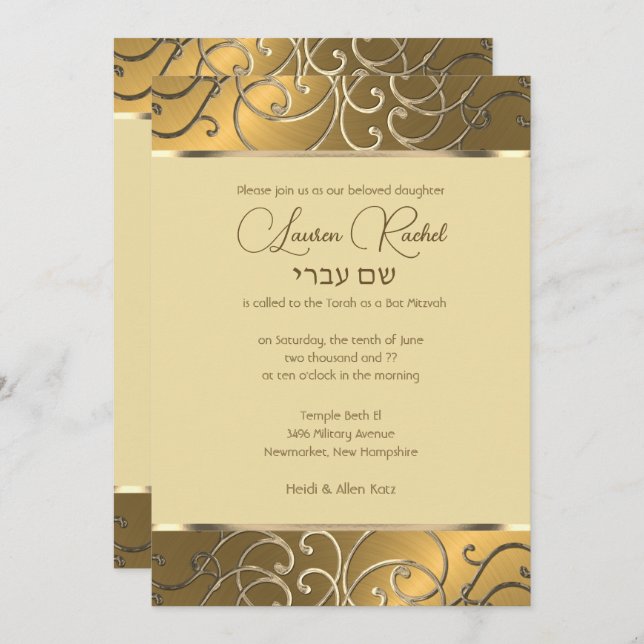 Convites Bat Mitzvah Elegant All Dourado Filigree (Frente/Verso)
