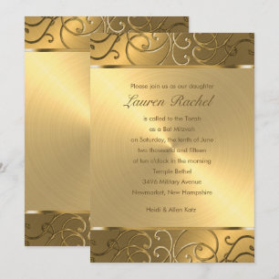 Convites Bat Mitzvah Elegant All Dourado Filigree