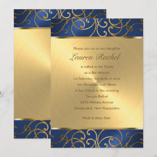 Convites Bat Mitzvah Elegant Blue e Dourado Filigree
