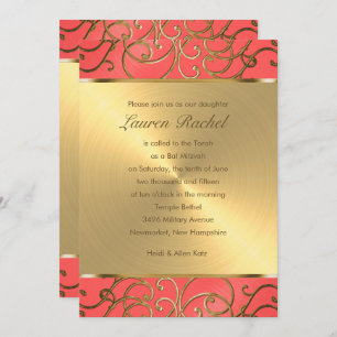 Convites Bat Mitzvah Elegant Coral e Dourado Filigree