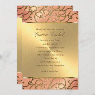 Convites Bat Mitzvah Elegant Peach e Dourado Filigree
