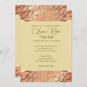 Convites Bat Mitzvah Elegant Peach e Dourado Filigree
