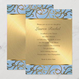 Convites Bat Mitzvah Elegant Sky Blue e Dourado Filigree