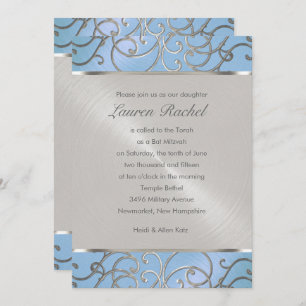Convites Bat Mitzvah Elegant Sky Blue e Silver Filigree