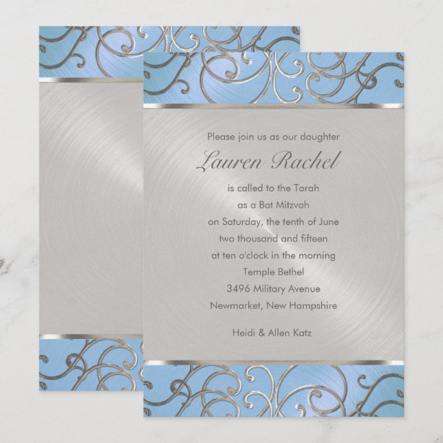 Convites Bat Mitzvah Elegant Sky Blue e Silver Filigree (Frente/Verso)