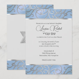 Convites Bat Mitzvah Elegant Sky Blue e Silver Filigree