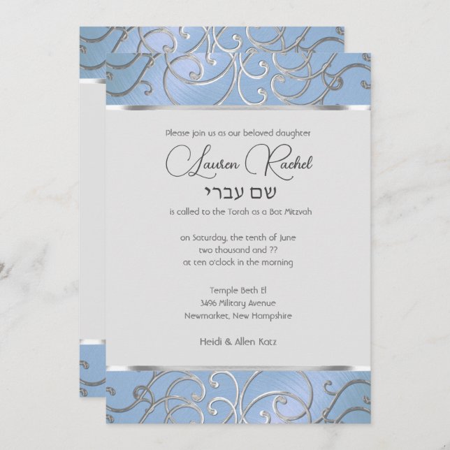 Convites Bat Mitzvah Elegant Sky Blue e Silver Filigree (Frente/Verso)