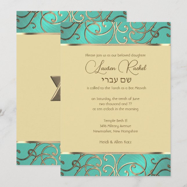 Convites Bat Mitzvah Elegante Aqua Green Filigree (Frente/Verso)