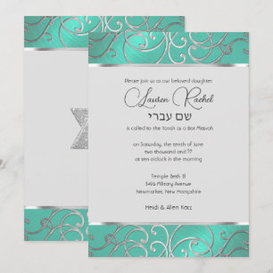 Convites Bat Mitzvah Elegante Aqua Green Silver Filigree